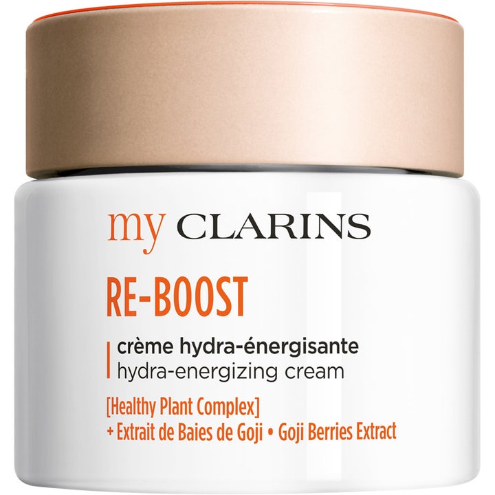 My Clarins RE-BOOST 50 ml hydra-energizing cream i vit glasburk med persikofärgat lock som ger glow hudvård