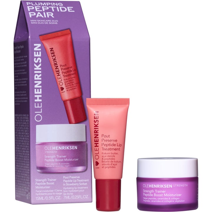 Olehenriksen Plumping Peptide Pair 15ml och 7ml stärkande ansiktsvård i lila glasburk och rosa tub.