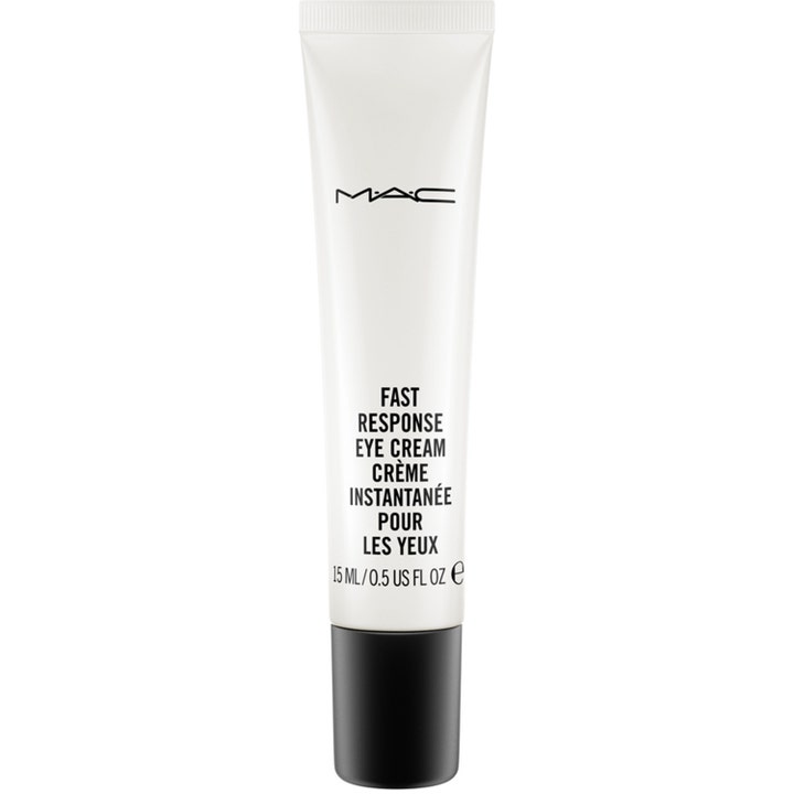MAC Fast Response Eye Cream 15 ml fuktgivande uppstramande ögonkräm i en vit tub med svart skruvkork och text