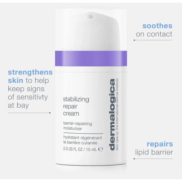 Dermalogica Stabilizing Repair Cream 15 ml ansiktskräm för skadad hudbarriär i vit pumpflaska med lila band.