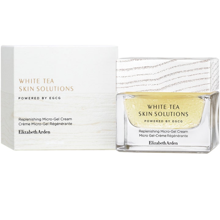 Elizabeth Arden White Tea Skin Replenishing Micro-gel Cream 50 ml återfuktande microgelkräm i glasburk med trämönstrat lock.