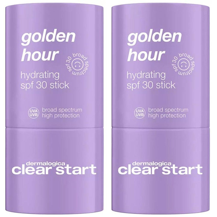 Dermalogica Clear Start Golden Hour Hydrating SPF 30 Stick återfuktande solskydd i två ljuslila hylsor med vit text.