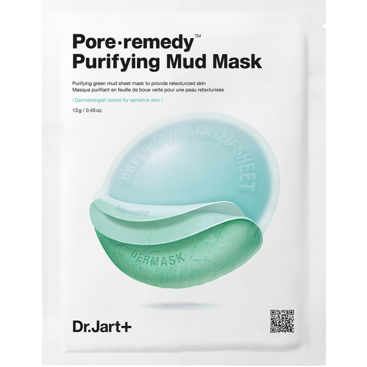 Dr.Jart+ Pore remedy Purifying Mud Mask 13 g ansiktsmask för pormaskar med grön lera i en vit fyrkantig förpackning