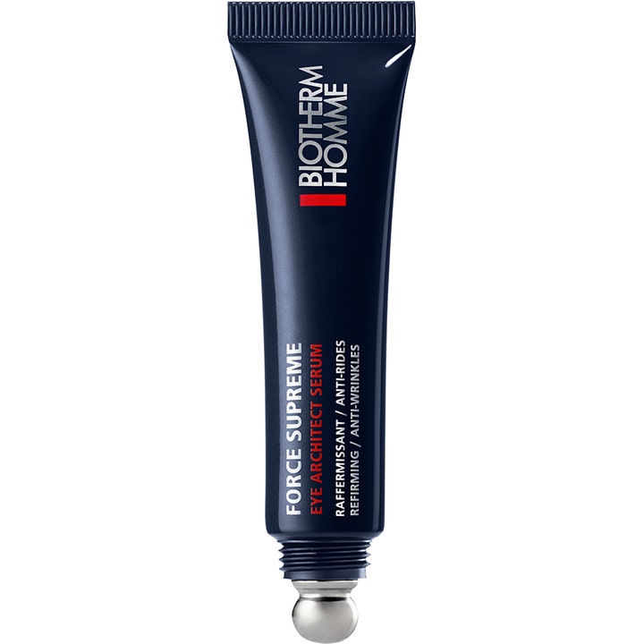 Biotherm Homme Force Supreme Yeux 15 ml anti-rynk ögonkräm män i mörkblå tub med svalkande rollerball av metall