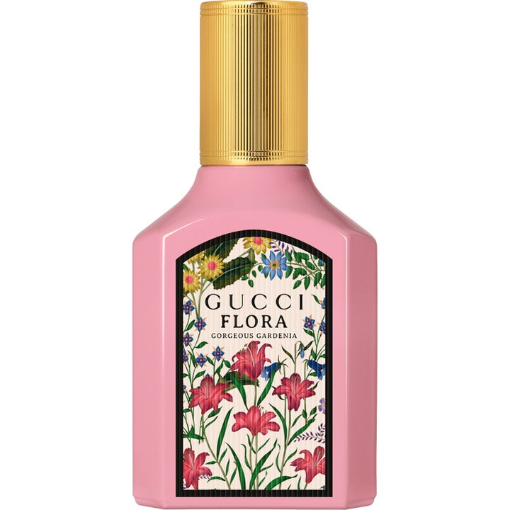 Gucci Flora Gorgeous Gardenia 30 ml blommig parfym i rosa lackad glasflaska med räfflad guldkork och blommor