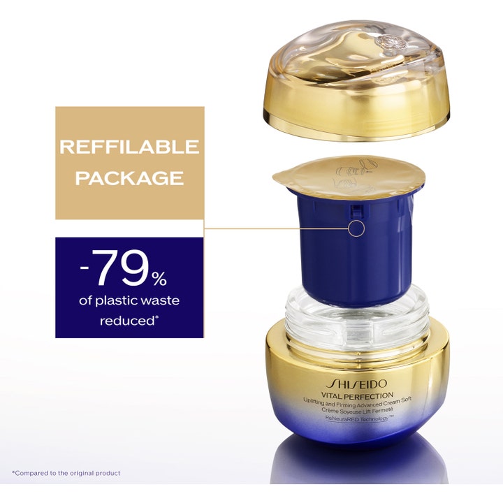Shiseido Vital Perfection Advanced Soft Cream 50 ml refill i guldblå burk som ger ansiktslyftkräm anti-aging.