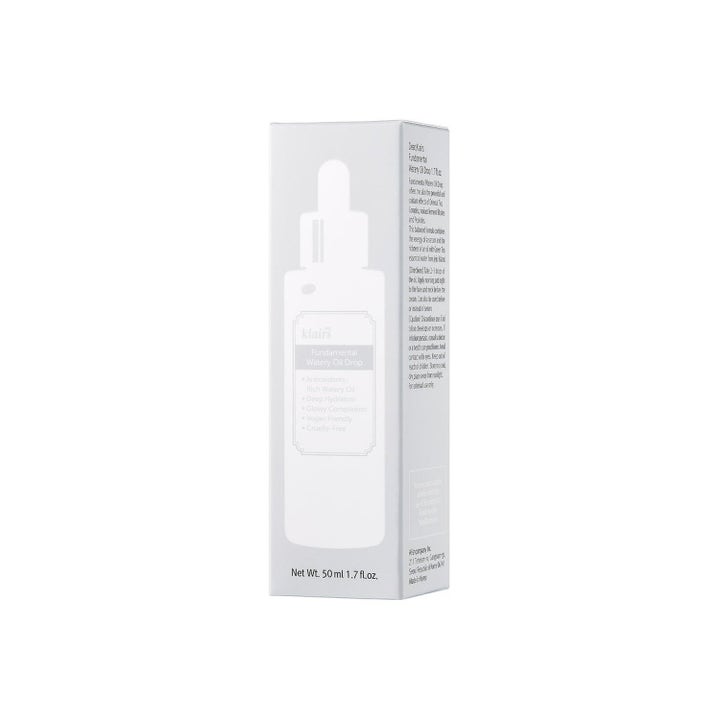 Klairs Fundamental Watery Oil Drop 50 ml återfuktande ansiktsserum i vit box med grafisk bild av en pipettflaska.