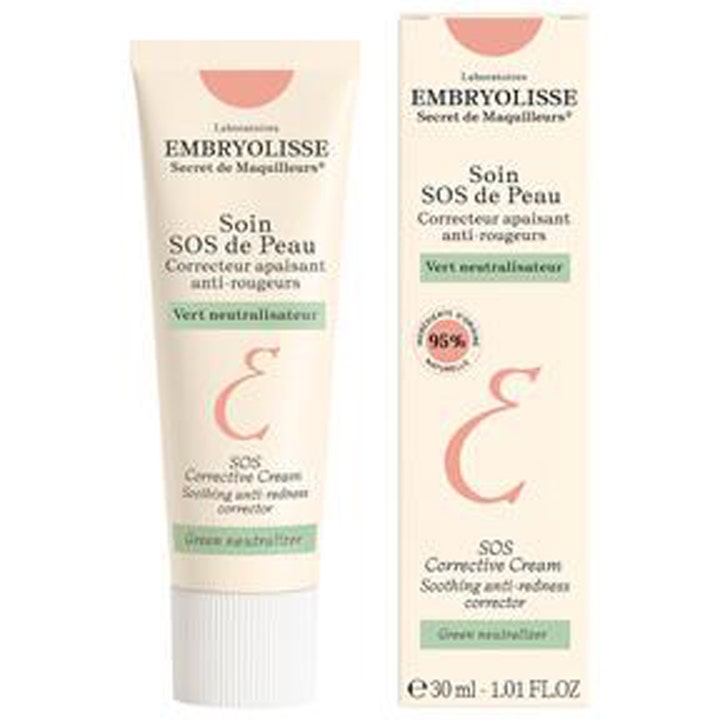Embryolisse SOS Corrective Cream 30 ml rodnadskorrigerande ansiktskräm för reaktiv hud i ljus tub och ytterkartong.