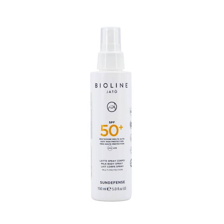 Bioline Jatò Sundefense Milk Body Spray 150 ml solskydd spray kropp ger spf50 högskydd i vit flaska med spraypump.