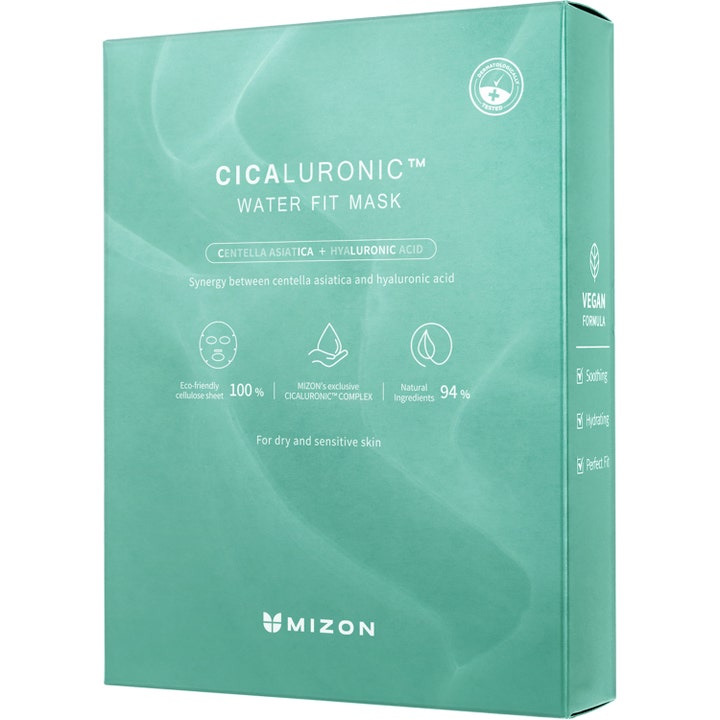 Mizon Cicaluronic Water Fit Mask 24 g återfuktande ansiktsmask cellulosa i grön box med 94% naturliga ingredienser.