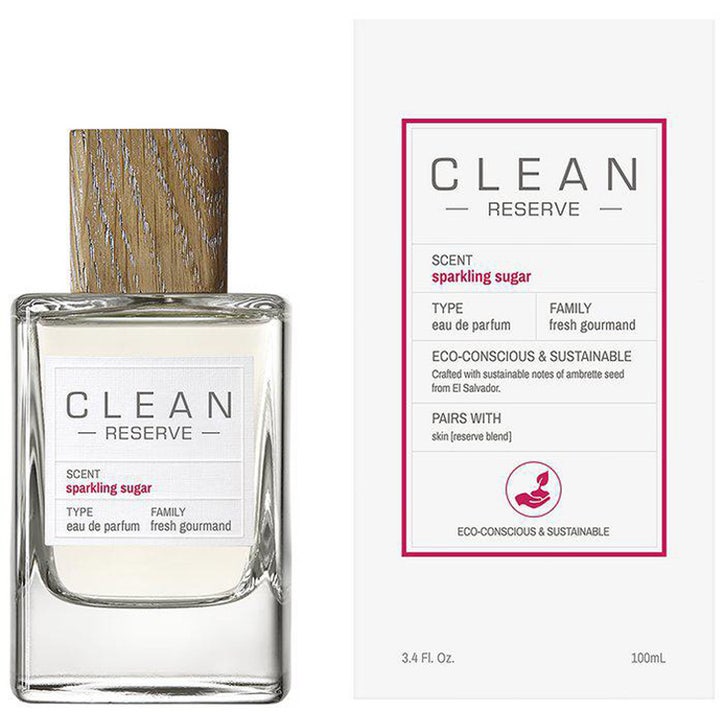 Clean Reserve Sparkling Sugar 100 ml gourmand parfym dam i genomskinlig glasflaska med lock av trä och vit box