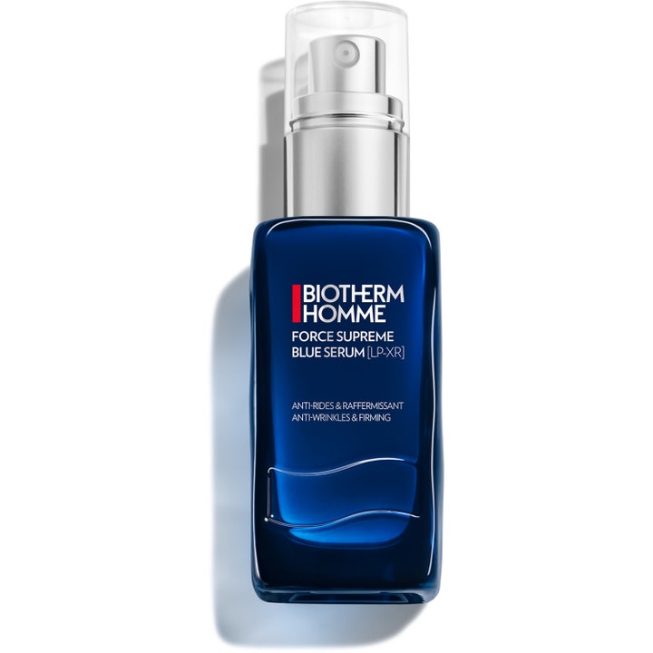 Biotherm Homme Force Supreme Blue Serum uppstramande återfuktande serum som ger fasthet i blå glasflaska med silverpump