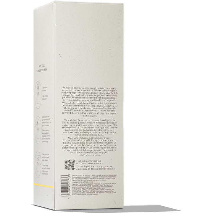Molton Brown Orange & Bergamot 400 ml brittisk citrus duschgel som ger energi i vit ytterkartong med refillinstruktioner