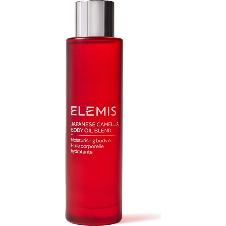 Elemis Japanese Camellia Body Oil Blend 100 ml exotisk kroppsolja för näring i en frostad röd flaska med silverkork