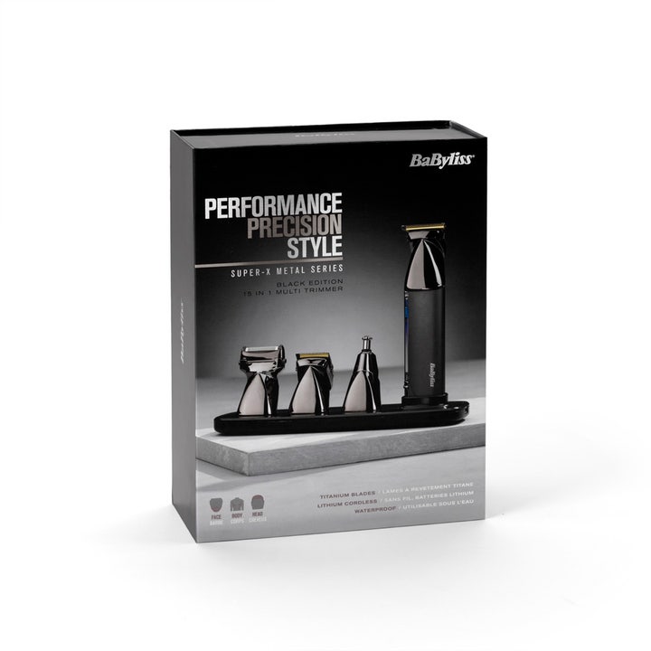 BaByliss Super X Metal 15 in 1 Multi-Trimmer 1 st skäggtrimmer babyliss i svart box med metalliska detaljer