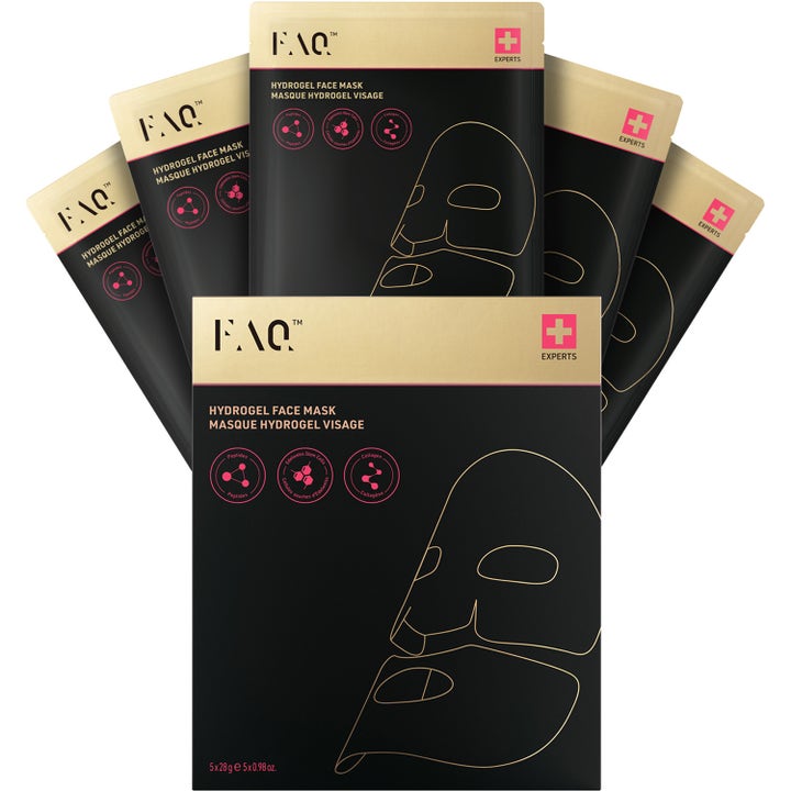 FAQ Hydrogel Face Mask 5x28 g glass skin hydrogelmask med kollagen i svart lyxig förpackning med guldgrafik.
