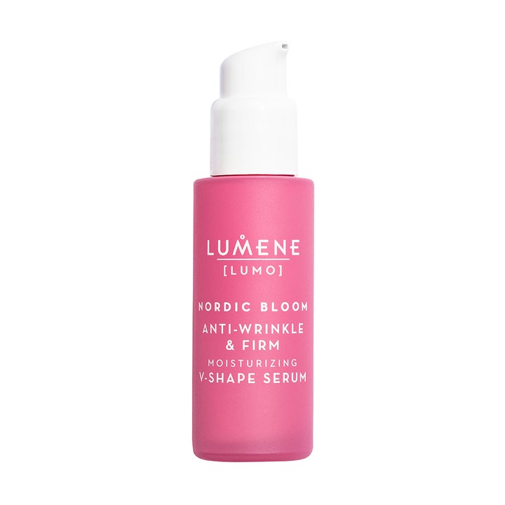Lumene Nordic Bloom Anti-Wrinkle & Firm V-Shape Serum 30 ml rynkreducerande serum i rosa frostad flaska med vit pump