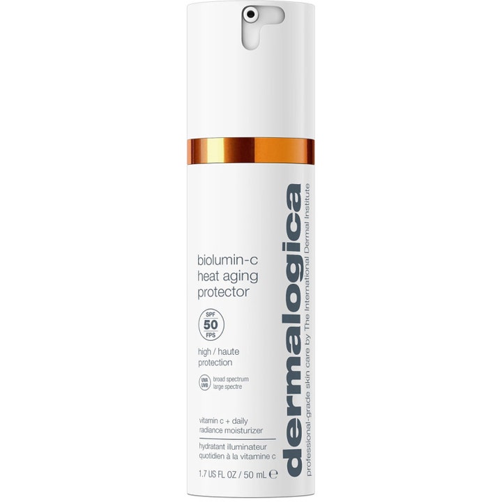 Dermalogica Biolumin-C Heat Aging Protector 50 ml ger lyster och SPF 50-skydd i vit pumpflaska med orange detalj