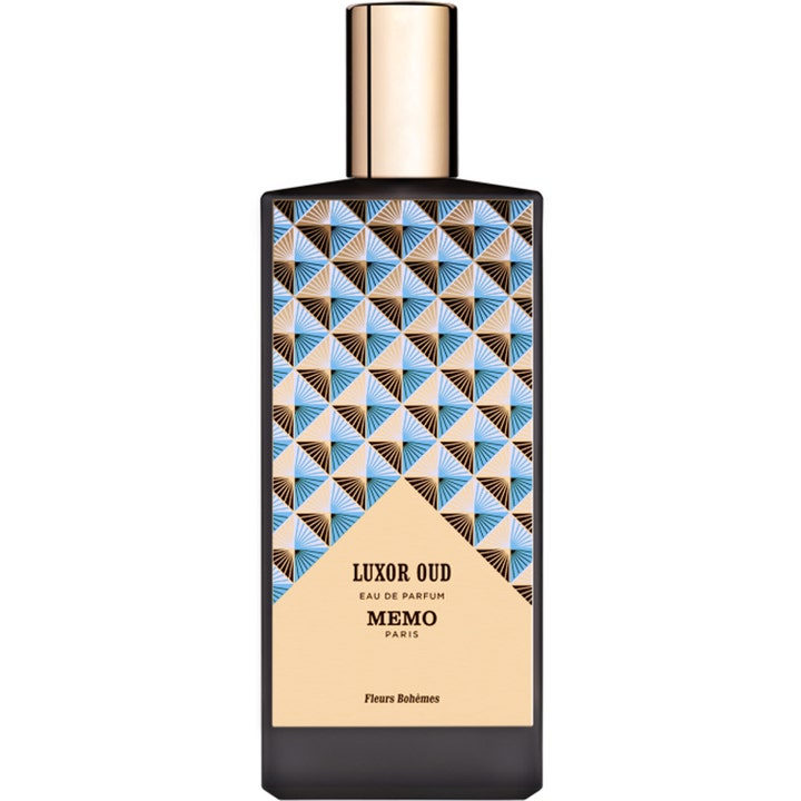 Memo Paris Luxor Oud 75 ml parfym oud i svart rektangulär flaska med guldkork och blått geometriskt mönster