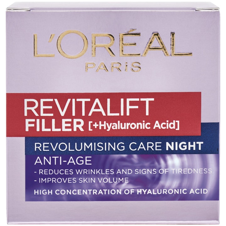 L'Oréal Paris Revitalift Filler 50 ml anti age nattkräm i lila ytterförpackning med hyaluronsyra filler