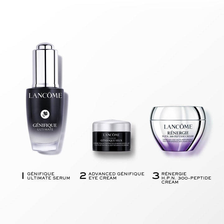Lancôme Génifique Starter Kit 1 st lancome gåvoset med serumflaska och krämer i burkar med lock av silver och lila glas.