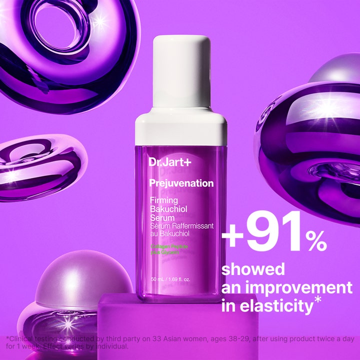 Dr.Jart+ Prejuvenation Firming Bakuchiol Serum 50 ml anti-age bakuchiol serum omgiven av lila abstrakta former