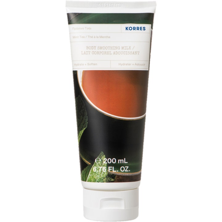 Korres Mint Tea Body Smoothing Milk 200 ml daglig återfuktande kroppsmjölk mjukgör i vit tub med motiv av te och blad.