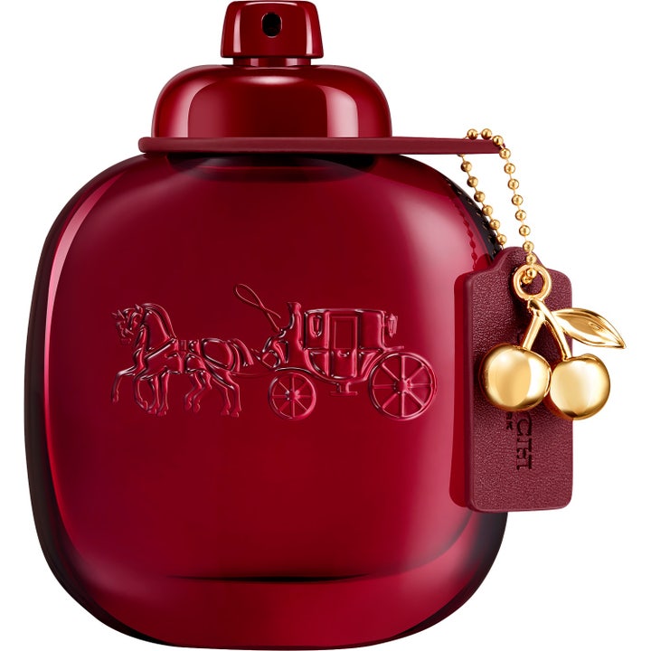 Coach Cherry Parfum 90 ml elegant parfym i mörkröd glasflaska med guldberlock formad som körsbär och lädertagg