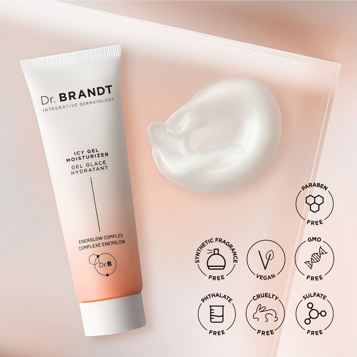Dr Brandt iD-STRESS Icy Energizing Gel Moisturizer 50 g kylande gel med klick av vit krämig textur.