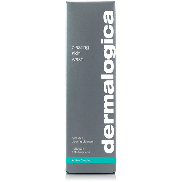 Dermalogica Clearing Skin Wash 250 ml porrensande rengöringsgel i grå ytterförpackning med turkos detalj.