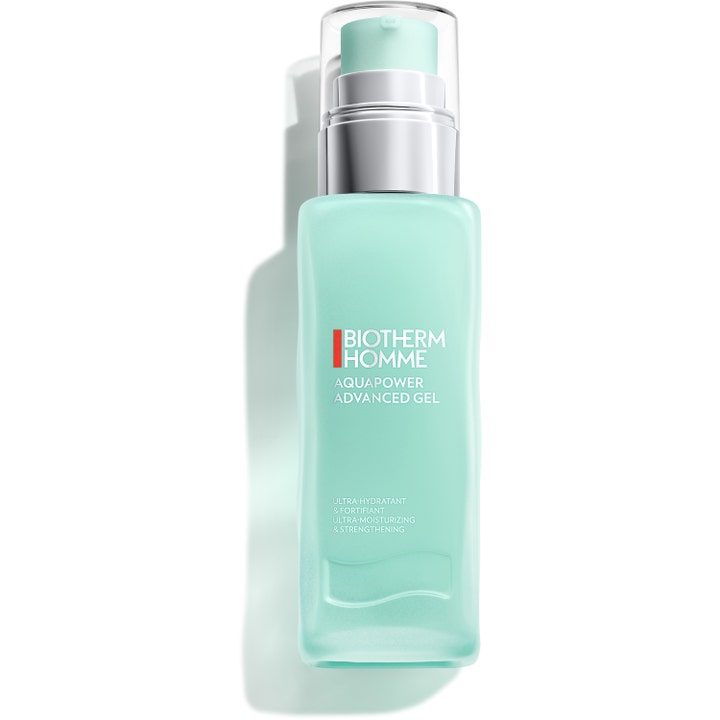 Biotherm Homme Aquapower Advanced Gel 75 ml återfuktande ansiktsgel i ljusblå frostad flaska med silverpump.