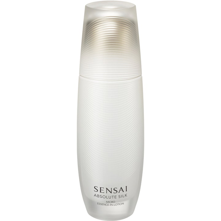 Sensai Absolute Silk Micro Essence-in-Lotion 125 ml fuktboostande hudvårdsessence i en rillad flaska av frostat glas.