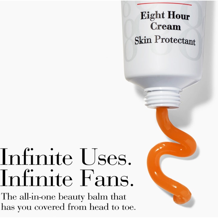 Elizabeth Arden Eight Hour Cream 50 ml intensivt lugnande hudkräm med orange gelé som ringlar ur en vit tub.
