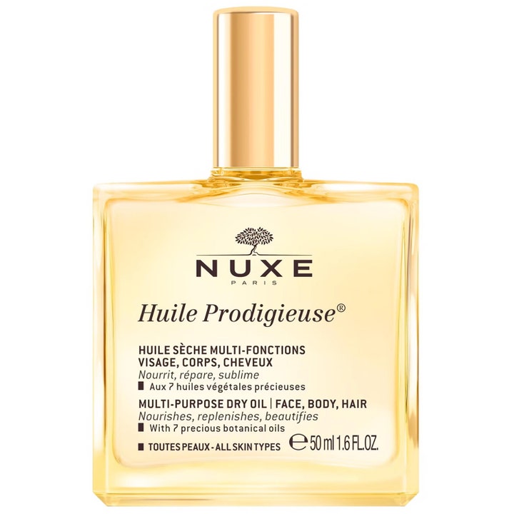 Nuxe Huile Prodigieuse 50 ml ansiktsolja torr hud anti-aging i en fyrkantig glasflaska med glänsande guldkork