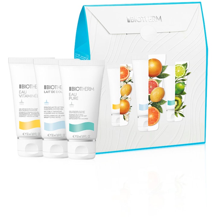 Biotherm Shower Trio 3x50 ml uppfriskande kroppsvård med vita tuber och citrusmotiv i en matchande presentbox