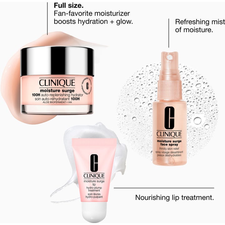 Clinique Moisture Surge Megastars set med återfuktande ansiktskräm, ansiktsspray och läppbalsam som ger glow.