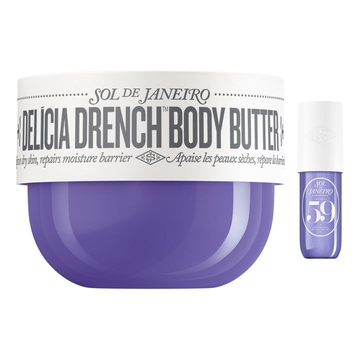 Sol de Janeiro Delícia Drench Body Butter och Cheirosa 59 parfymmist lila brasiliansk fuktkräm kropp i burk och flaska
