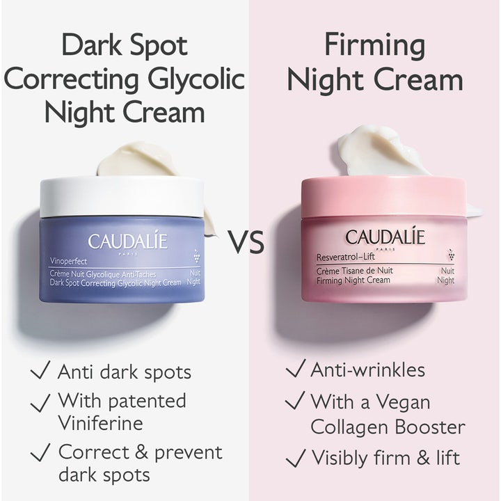 Caudalie Vinoperfect nattkräm 50 ml jämförs i bild med Firming Night Cream för fläckkorrigerande hudvård.