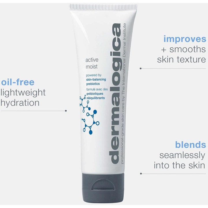 Dermalogica Active Moist 100 ml prebiotisk dagkräm för ansiktet i vit tub som ger en oljefri och lätt återfuktning