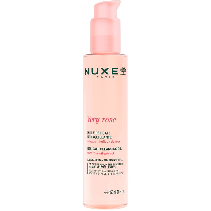 Nuxe Very Rose 150 ml rengöringsolja ansikte med rosextrakt för känslig hud i en stilren rosa flaska med pump.
