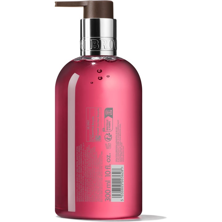 Molton Brown Fiery Pink Pepper 300 ml lyxig handtvål med rosépeppar i flaska med silverfärgad pump.