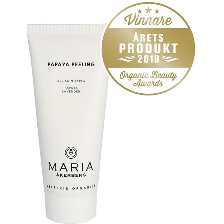 Maria Åkerberg Papaya Peeling 100 ml exfolierande ansiktspeeling i vit tub med guldsegel för Årets Produkt 2018.