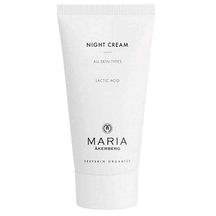 Maria Åkerberg Night Cream återfuktande nattkräm i vit tub med mjölksyra som ger lyster till alla hudtyper.