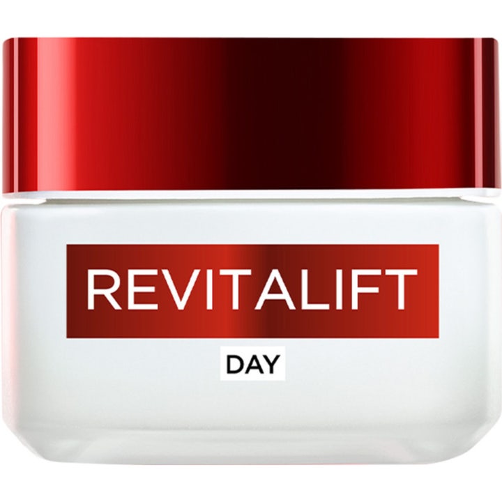 L'Oréal Revitalift näringsrik dagkräm med anti-aging effekt 50ml i vit burk med rött lock som ger huden fasthet