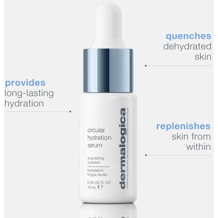 Dermalogica Circular Hydration Serum 10 ml ger långvarig återfuktning i vit flaska med blått metallock och pipett.