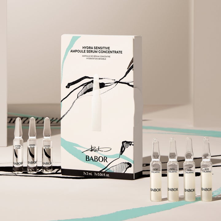 Babor Hydra Sensitive 14 ml lugnande serumampuller med vit förpackning och glasampuller