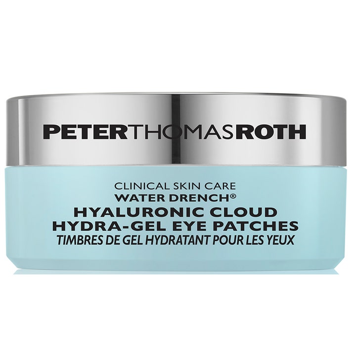 Peter Thomas Roth Water Drench Hyaluronic Cloud 60 st fuktboost ögonpatches i ljusblå burk med silvrigt lock.