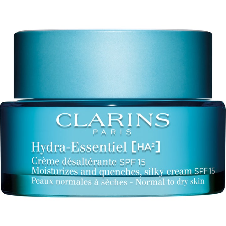 Clarins Hydra-Essentiel [HA²] 50 ml dagkräm för torr hud med solskydd i en blå glasburk med matchande lock
