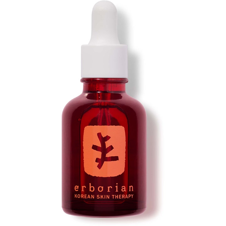 Erborian Skin Therapy nattserum anti-aging ansiktsolja i röd glasflaska med vit pipettkork som ger näring