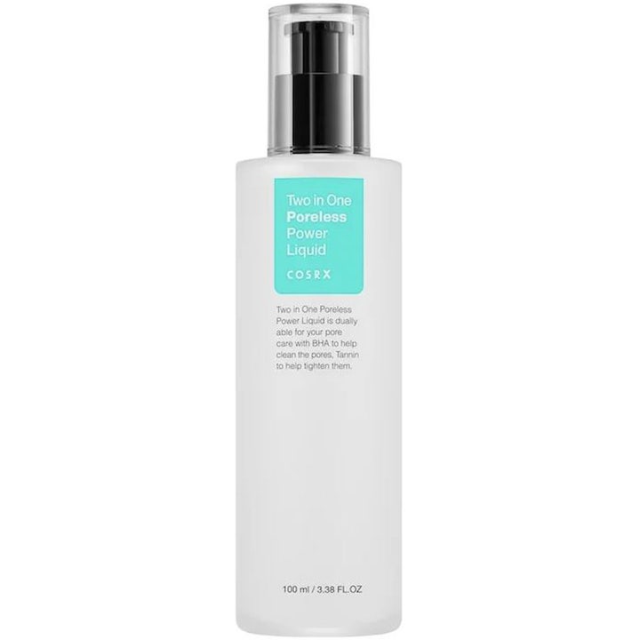 COSRX Two in One Poreless Power Liquid 100 ml mot stora porer med salicylsyra bha i en frostad flaska med svart pump